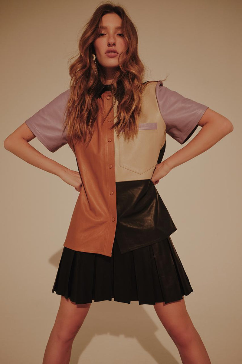 COLOR-BLOCK LEATHER SHIRT